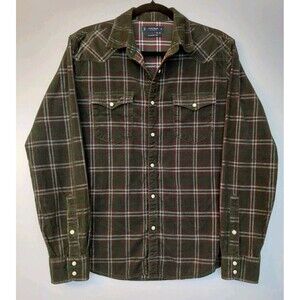 Lucky Brand Men's Green Plaid Pinwale Corduroy Pearl Snap Western Shirt Sz M